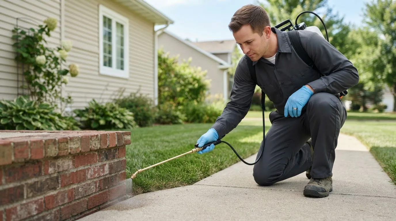 Pest control technician treating a home near Easton, MA