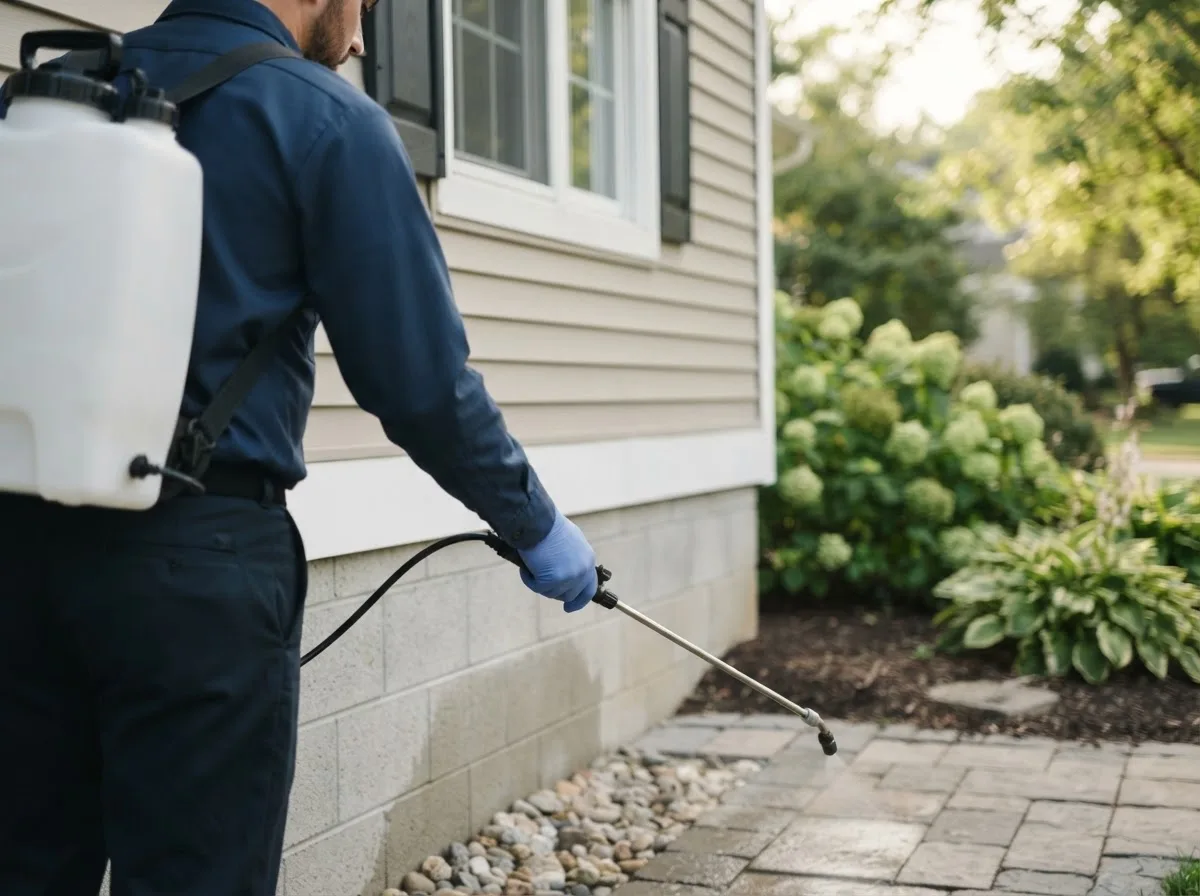 Pest control technician inspecting a home in Easton, MA
